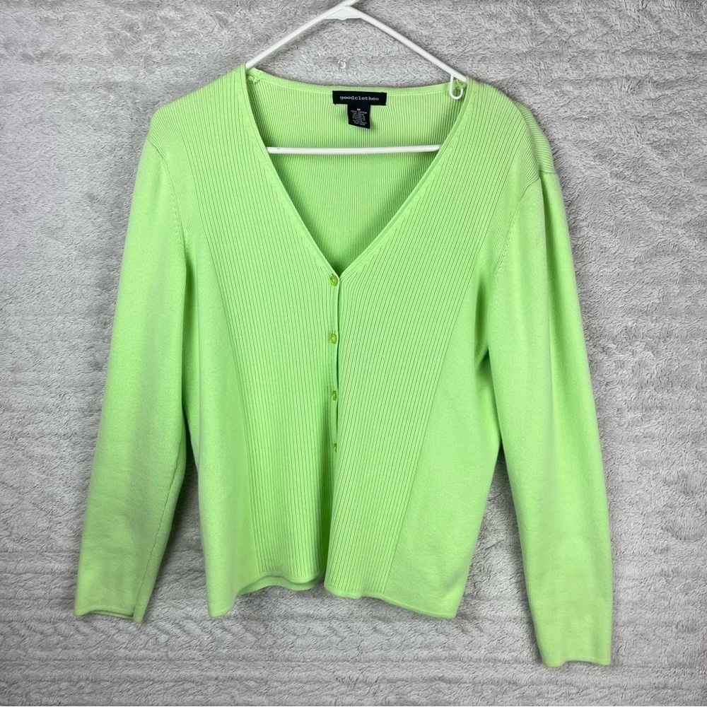 Lime Green Sweater Cardigan Twinset Sz Medium Goodclothes - Picture 11 of 15
